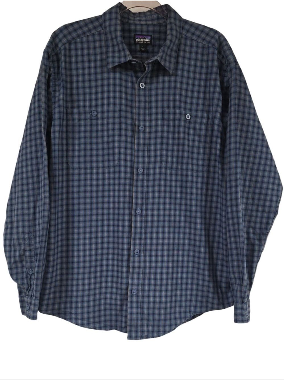 Patagonia Men's Long-Sleeved Button-Down Pima Cotton Shirt Blue/Grey Plaid Sz Lg